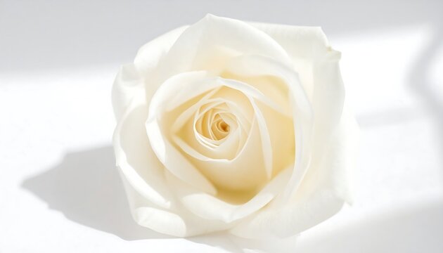 Elegant top-down view of a pristine white rose with a bright background and soft shadows