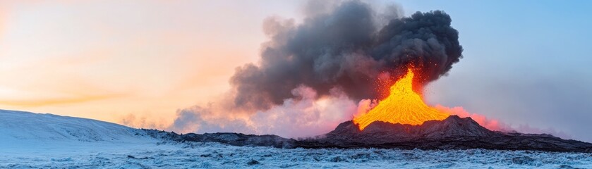 Volcanic Eruption at Sunset, Snow-Capped Landscape, lava , smoke
