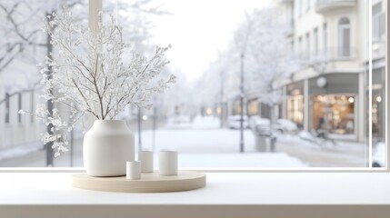 Winter Windowsill Decor: Cozy White Vase, Candles, and Snowy Street View