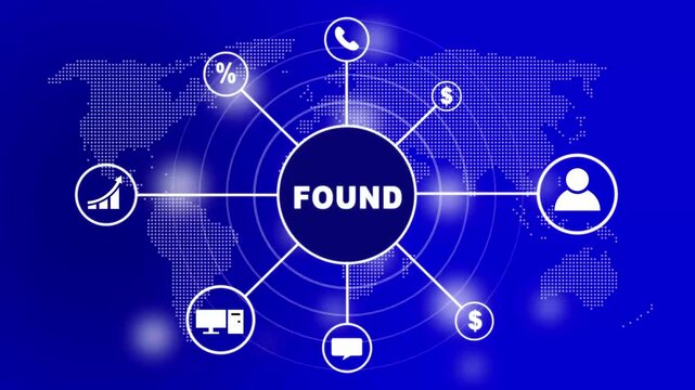 Global network of discovery and information with found centralized communication and technology icons with world map background.