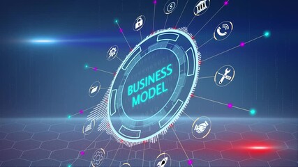 Business model finance concept virtual. glowing blue circular holographic display, sci-fi business concept, 3d ,Futuristic technology interface, digital data visualization,4k video