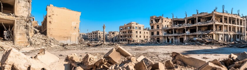 War-Torn Cityscape Ruins and Rubble Under a Clear Sky, Destruction, Aftermath