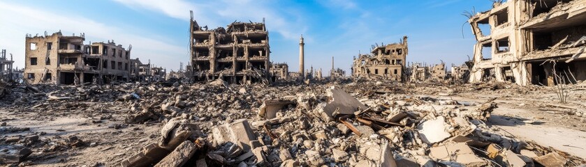 War-Torn Cityscape Ruins and Debris under Blue Sky , Destruction, Conflict