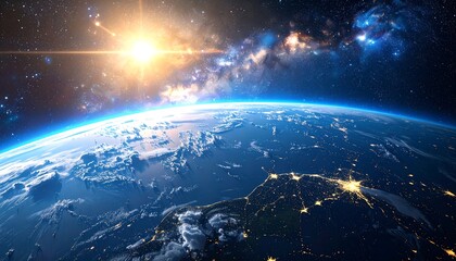 Obraz premium Sunlit Earth from space, showcasing a vibrant sunrise, swirling clouds, and city lights