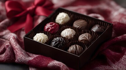 Assorted gourmet chocolates elegantly arranged in a gift box presented with a festive red ribbon