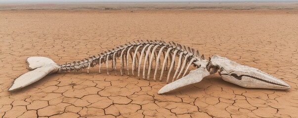 Whale Skeleton Relic on Cracked Earth, Environmental Disaster, Drought