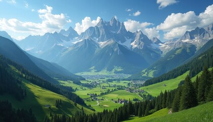 Fototapeta premium Vast mountain valley in summer with green fields, trees and distant snowy peaks under a blue sky with clouds. Small village nestles in the green landscape, travel destination.