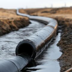 Winding Pipeline Black Pipe in Muddy Trench, Industrial Infrastructure , Pipeline