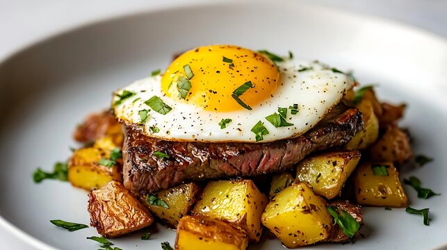 Steak and eggs with roasted potatoes, a hearty and delicious breakfast meal