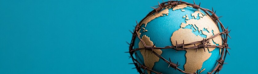 World Globe Wrapped in Barbed Wire on Blue, Conflict , Restriction