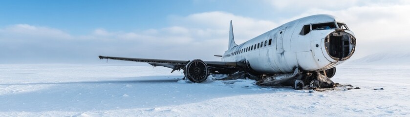 Wrecked Airplane on Snowy Plain Under Blue Sky Abandoned Aircraft in Winter Wasteland ,Crash ,Arctic