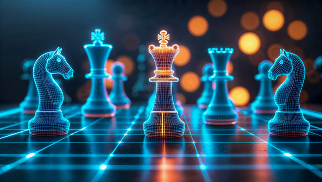 A close-up of a futuristic holographic chessboard with electric blue wireframe pieces and a central golden-orange Bishop, glowing on a reflective grid in a cinematic digital battlefield - Powered by Adobe