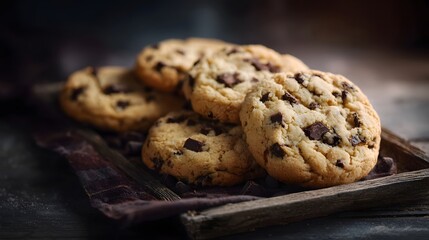 Close up of freshly baked chocolate chip cookies arranged on a rustic wooden tray with soft natural lighting