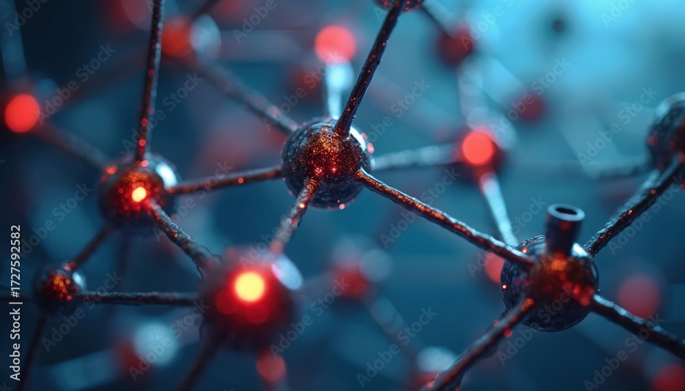 Wall mural abstract molecular network with glowing red nodes connected by dark, intricate structures. futuristi