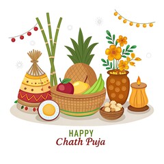 Fototapeta premium Happy chhath puja celebration with traditional offerings isolated on white background