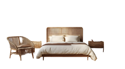 Rattan Bed Frame and Nightstands in Neutral Bedroom Interior with Chair Furniture
