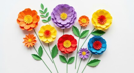 Colorful handmade paper flowers isolated on white background