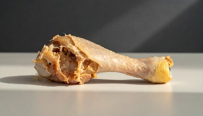 A plucked chicken drumstick, partially eaten, sits on a white surface under light