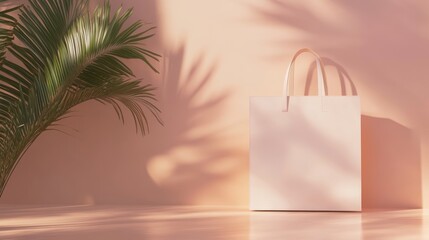 Pastel Shopping Bag Mockup with Palm Leaf Shadows