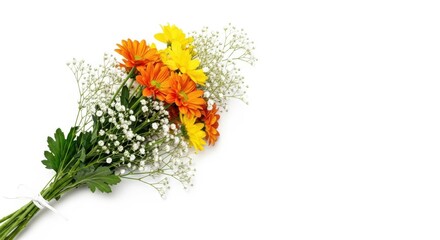 A vibrant bouquet of orange and yellow chrysanthemums with babys breath, isolated on white background