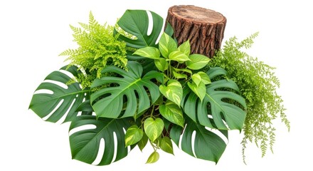 A lush arrangement of tropical green plants including monstera and ferns, isolated on white background