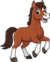Cartoon pony with cheerful expression and raised leg, brown fur with white markings, playful animal pose, vector illustration for kids, farm and nature content