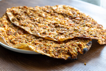 Traditional Turkish dish lahmacun in close-up