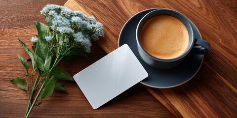 A flat lay of a blank gift card with a frosted glass effect, placed on a dark, polished wooden table with a cup 
