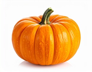 Obraz premium Bright Orange Miniature Pumpkin with Green Stem Isolated on a White Background
