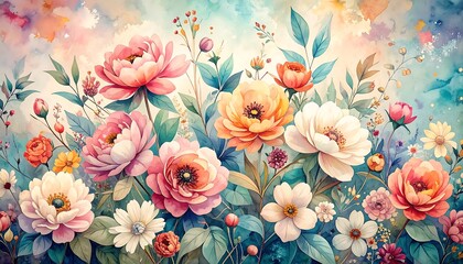 Vibrant watercolor painting of a floral garden with peonies, daisies, and other blooms