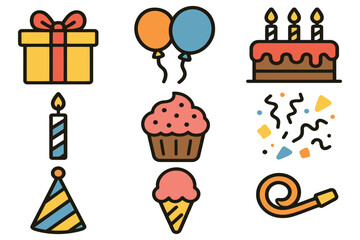 Collection of flat design birthday party icons for celebration and fun