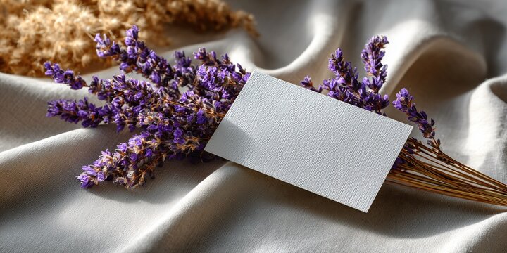 a blank gift card with a subtly textured linen finish, placed next to a single, dried sprig of lavender on a cream-colored table