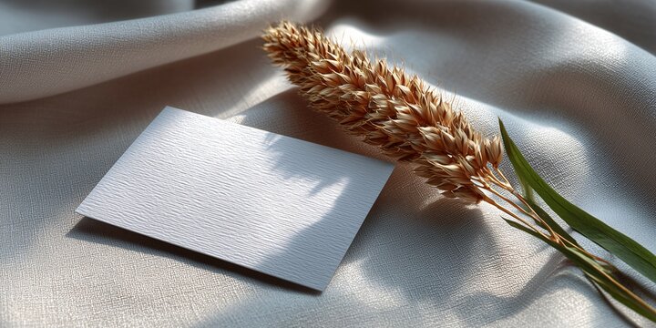 a blank gift card with a subtly textured linen finish, placed next to a single, dried sprig of lavender on a cream-colored table