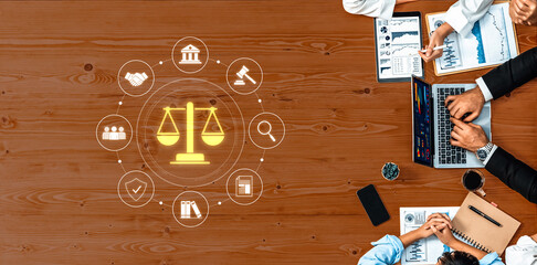 Digital illustration of a collaborative business meeting highlighting scales of justice and legal...