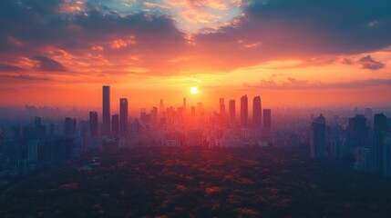 Fototapeta premium Golden Sunset Over Modern City Skyline