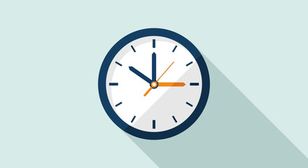 A classic analogue clock with blue casing and white face displays the time with its hour, minute, and second hands casting a long shadow