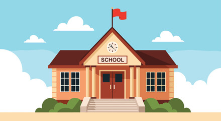 Fototapeta premium A charming school building stands proudly against a bright blue sky with fluffy white clouds.