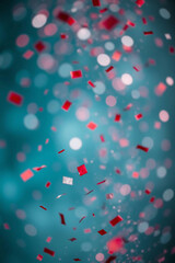 Abstract background with bokeh defocused lights and red confetti