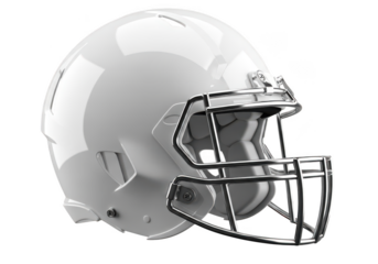 Glossy white american football helmet with silver facemask isolated on transparent background