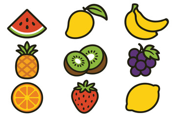Collection of nine colorful cartoon fruits arranged in a grid on white background