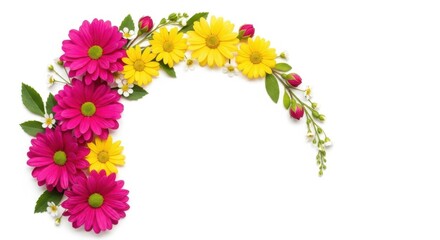 Vibrant pink and yellow daisy flowers arranged in a decorative arc, isolated on white background