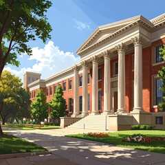Obraz premium Sunlit campus scene featuring a grand, classical-style brick building with a prominent portico and a wide staircase