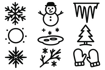 Collection of hand drawn winter icons representing snow frost and cold weather elements