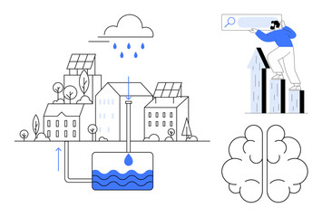 Rainwater harvesting system integrated with solar-powered buildings, modern technology, and innovation. Ideal for sustainability, urban development, renewable resources, eco-friendly living, smart