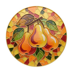 Circular stained glass mosaic featuring three golden pears with green leaves, arranged on a warm autumn background in red, yellow, and orange tones