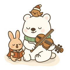 Adorable kawaii polar bear playing violin with a bunny singing Christmas carols and a tiny bird in a Santa hat, surrounded by snowflakes and festive winter atmosphere. Cute holiday animal illustration