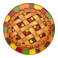 Circular stained glass mosaic featuring a golden lattice pie crust with colorful fruit filling in red and yellow tones on a warm autumn background