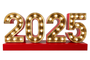 Golden 2025 Marquee Numbers on Red Platform isolated on a transparent background
