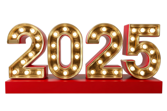 Golden 2025 Marquee Numbers on Red Platform isolated on a transparent background
