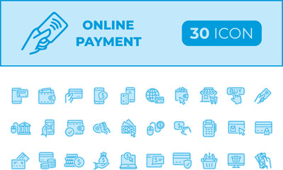 Collection of 30 online payment icons isolated on transparent background